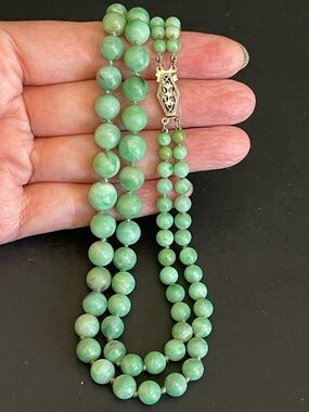 Vintage sterling silver double strand genuine Burmese Green jade Beaded Necklace